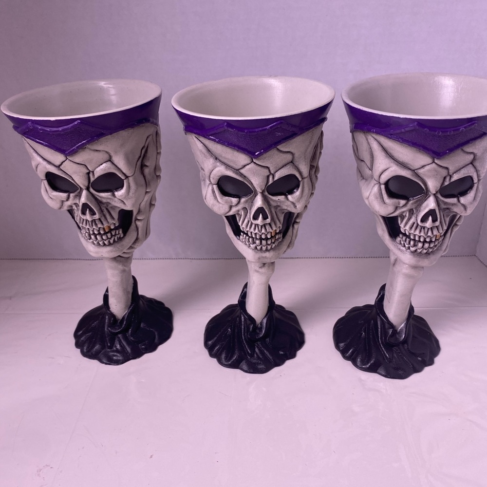 Set of 3 Skeleton Skull Plastic Wine Goblet Halloween Bones Cup Glass Glasses